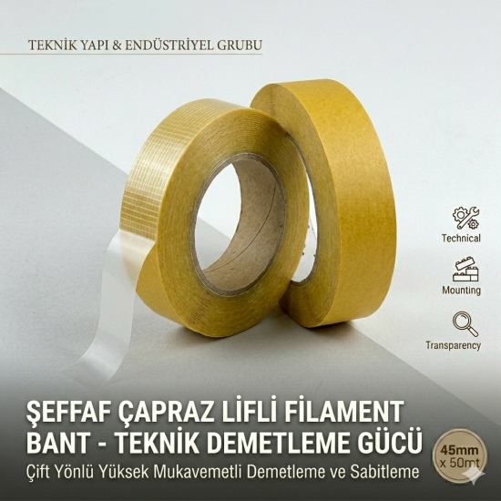 Şeffaf Çapraz Lifli Filament Bant 45mm x 50mt - Çift Yönlü Yüksek Mukavemetli Demetleme Bandı