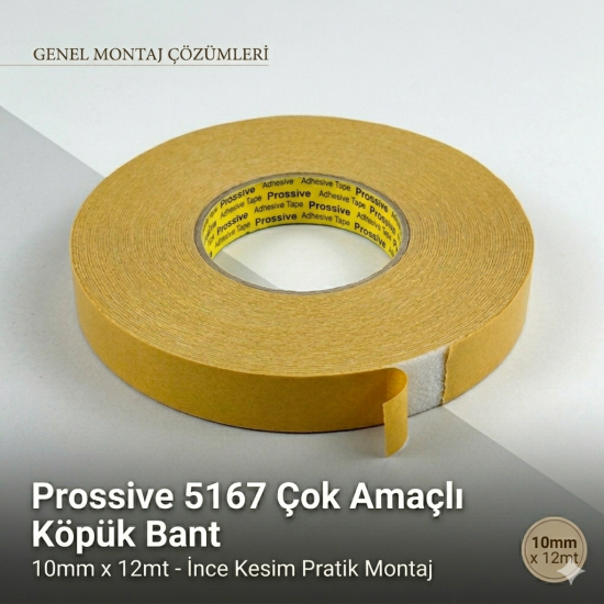 Prossive 5167 Çok Amaçlı Çift Taraflı Köpük Bant 10mm x 12mt - İnce Kesim Pratik Montaj