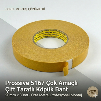 Prossive 5167 Çok Amaçlı Çift Taraflı Köpük Bant 20mm x 30mt - Orta Metraj Profesyonel Montaj