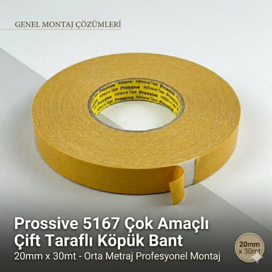 Prossive 5167 Çok Amaçlı Çift Taraflı Köpük Bant 20mm x 30mt - Orta Metraj Profesyonel Montaj
