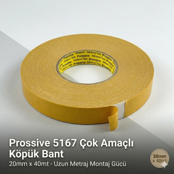 Prossive 5167 Çok Amaçlı Çift Taraflı Köpük Bant 20mm x 40mt - Uzun Metraj Montaj Gücü
