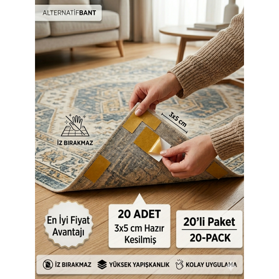 Halı Kaydırmaz Çift Taraflı Bant 3x5 cm (1 Adet) - Pratik Sabitleyici Tekli Paket