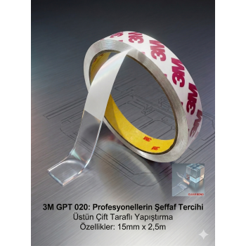 3M GPT-020F Şeffaf Çift Taraflı İnce Bant 15mm x 2.5mt - Yüksek Isı Dayanaklı Profesyonel Çözüm